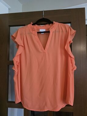 Coral Ruffled Cap Sleeve V-Neck Blouse